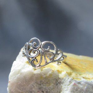 Sterling Silver Sweet Heart Ring, Romantic Wire Work Filigree Heart